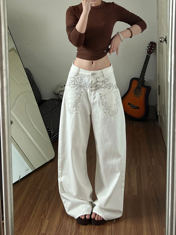 American High Street Design Women's Fashionable Distressed Jeans High Waist Knife  Pocket Pants Spring Autumn Winter