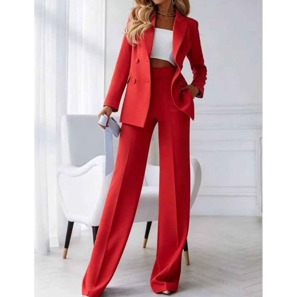 Damenanzüge mit Revers, Doppelreihiger Hosenanzug, Herbst-Rot, Langarm-Blazer & Weite Hose, 2-teiliges Set, Elegante Büro-Damen-Sets