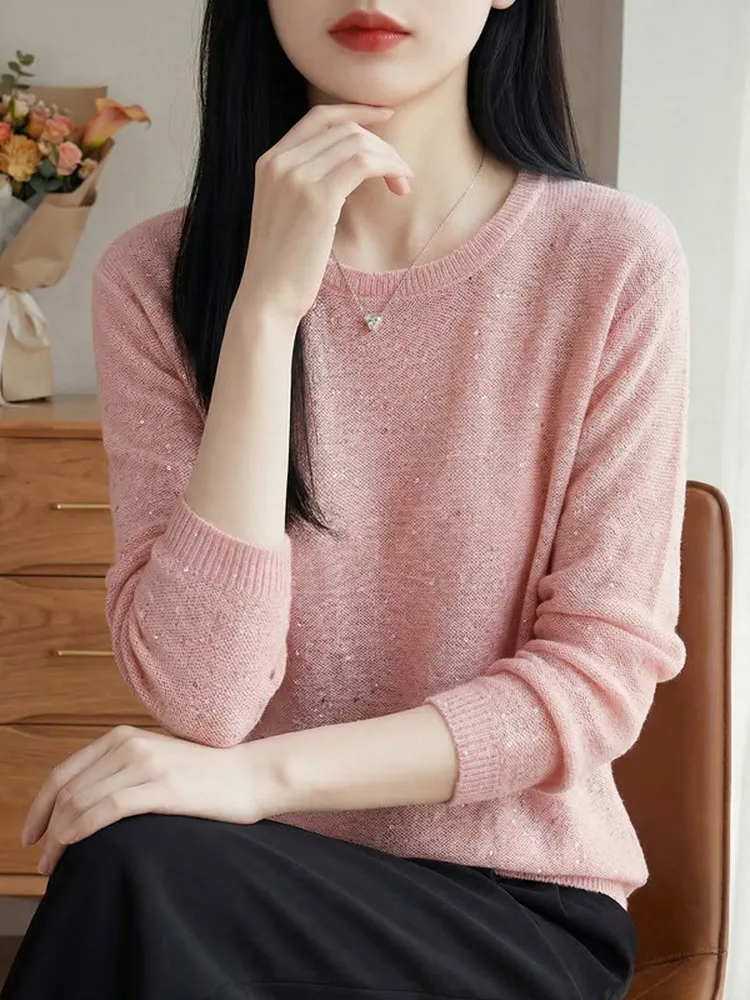 

Легкий вязаный свитер с пайетками и круглым вырезом, свободного кроя, женский, модный, омолаживающий, тонкий, базовый, стройнящий, верхняя одежда