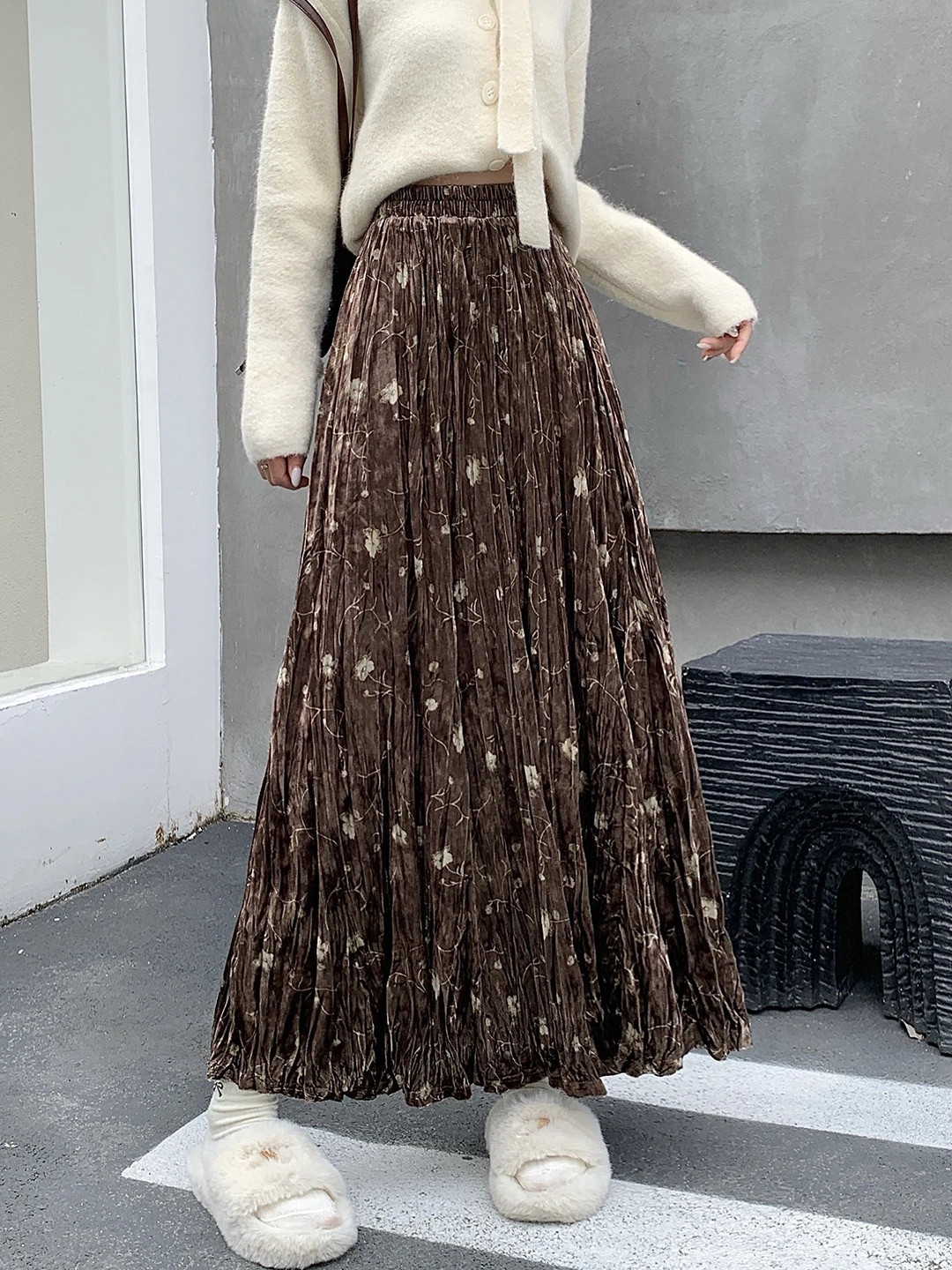 

Retro Chinese Sle Printed Velvet f Skirt Women's Faion High Waist A-Line Pleated Skirt Polyester Fiber Skirt