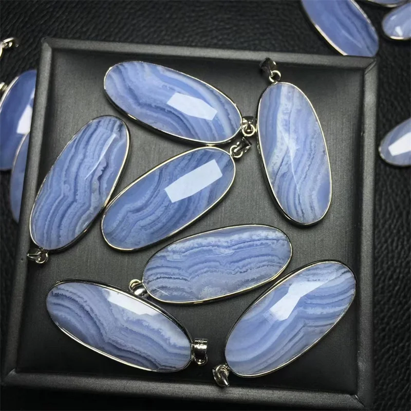 

S925 Natural Blue Lace Agate Pendant Jewelry Fashion Fengshui Crystal Carved DIY Accessories Gift 1PCS 37MM