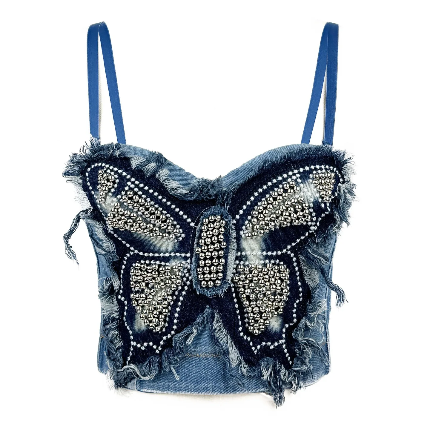 

Cyberpunk Beaded Fishbone Strapless Top Butterfly Denim Patchwork Corset For Women Hot Girl Shaping Waist Cincher Battle Dress