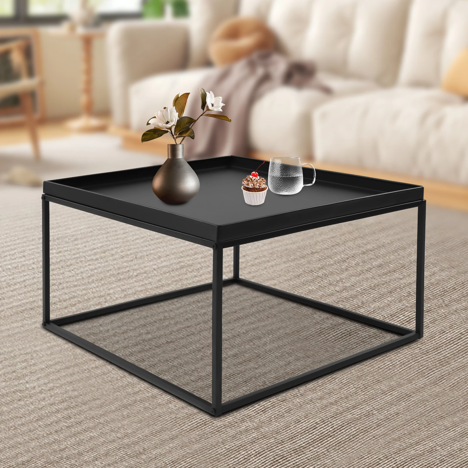 Modern Square Metal Wrought Iron Coffee Table Elegant End/side Table Display Stand Matte Black For Home Office Living Room