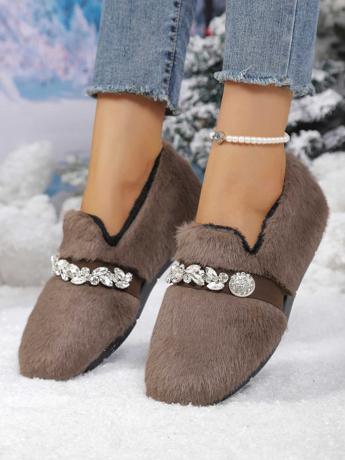 Damenstiefel, Pelzstiefel, Winterstiefel, flauschig, mit Strassverzierung, zum Hineinschlüpfen, warm, mit Fleece gefüttert, weiche Sohle, lässige Outdoor-Damenschuhe – Detail 8