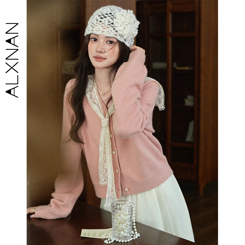 

ALXNAN Knitted Sweater Detachable Lace Shawl V-neck Color-block Floral Buttons Sweater Autumn Winter Commuting Knitwear L57920