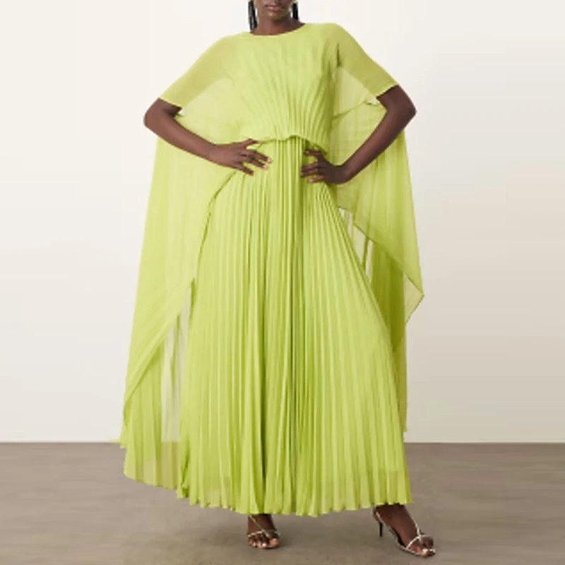 Spring Batwing Sleeve Hem Pleated Dresses Woman Sexy High Waist Solid Boho Long Dress Summer O Neck Backless Lace-up Party Dress