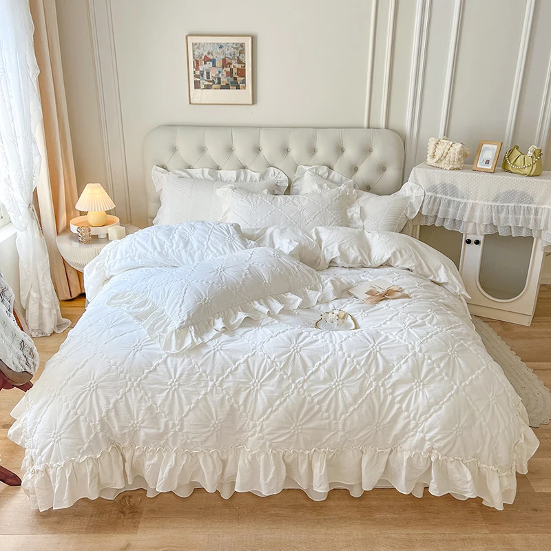 100% Cotton Korean Princess Solid White Bedding Sets Ruffle Bedspread Flower Embroidered Duvet Cover Bed Skirt Pillowcases