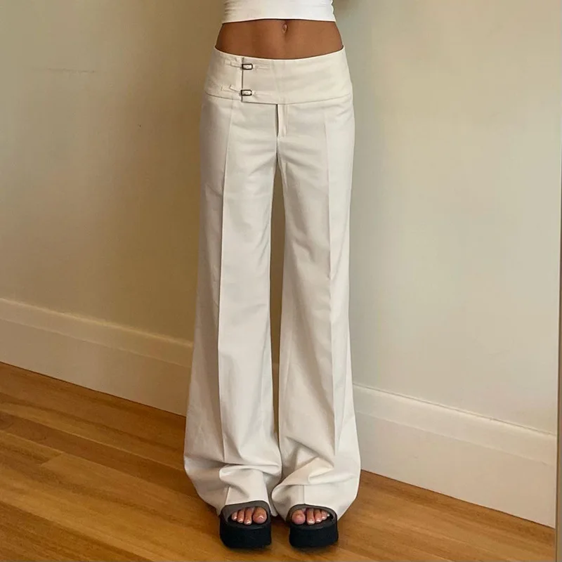 

Women Suit Pants 2025 New High Waist Wide Leg Pants Woven Fabric Low Rise Metal Button Straight Leg Loose Women's Camisole