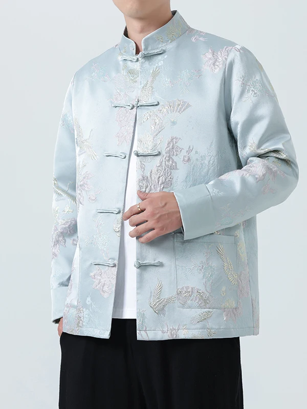 

Осенняя модная мужская высококачественная куртка с цветочной вышивкой, дизайн большого размера, чувственная верхняя одежда, традиционная китайская одежда...