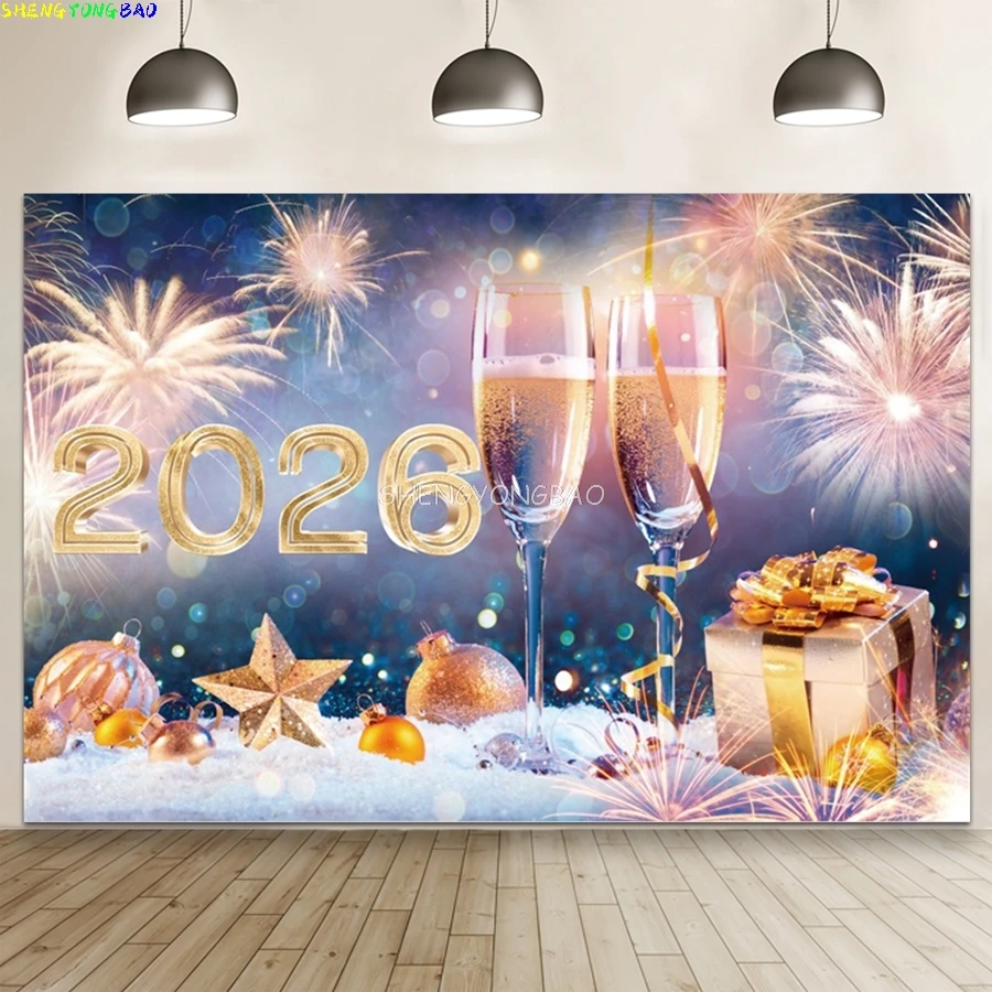 2026 سنة جديدة سعيدة حفلة خلفية بريق ساعة الشمبانيا الذهب بالونات المنزل حفلة راية الديكور التصوير خلفية #6