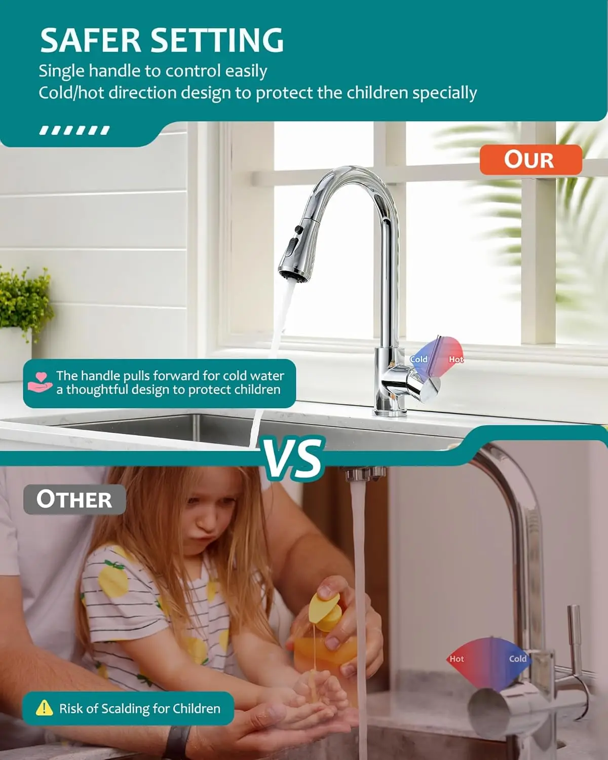 Chrome Kitchen Sink Faucet, Kitchen Faucet with Pull Down Sprayer Commercial Stainless Steel Laundry Single Handle Faucet