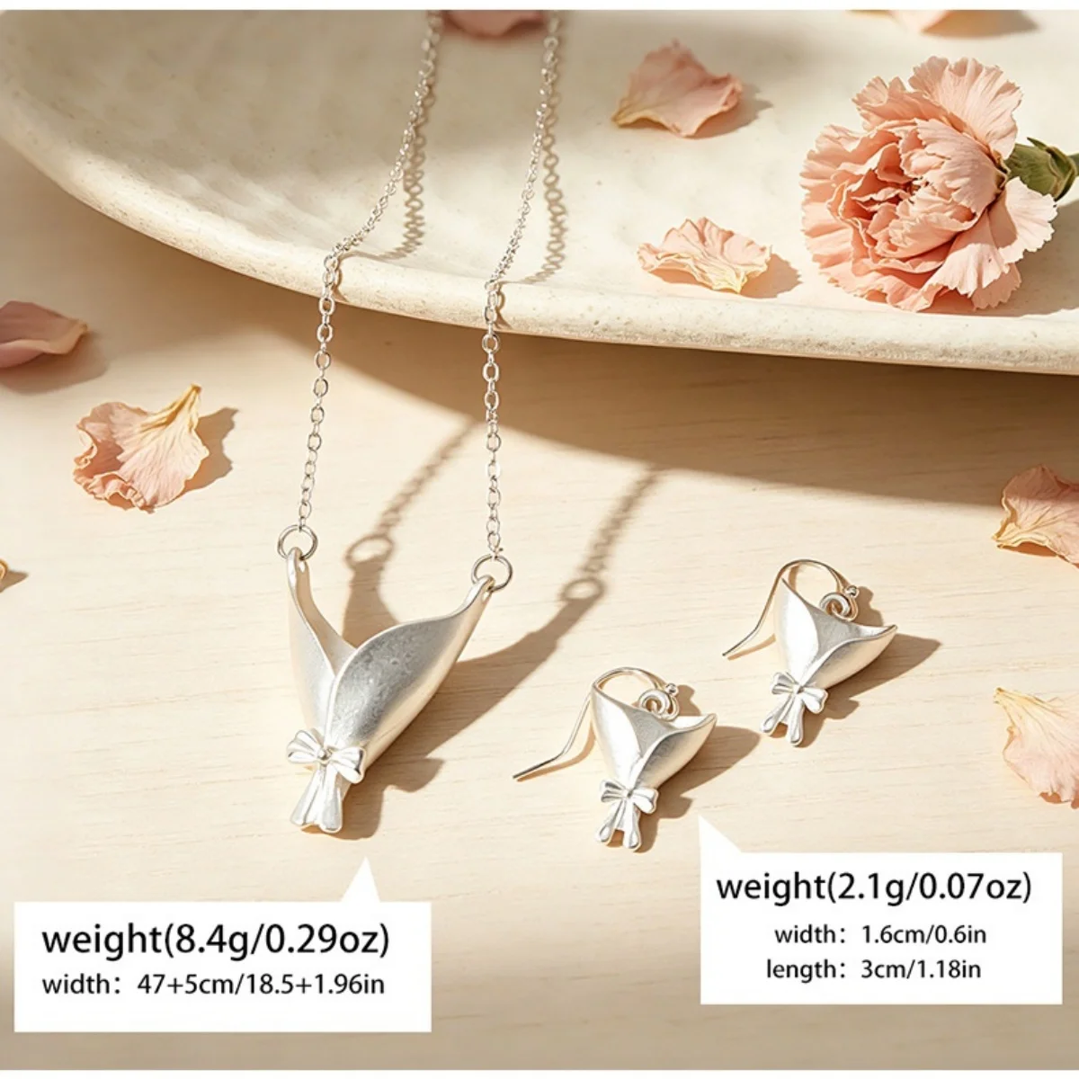 Kreatives Schleifenknoten-Blumenstrauß-Halter-Set in Form eines Anhängers, Halskette und Ohrringe für Damen und Herren, süßes, elegantes DIY-Blumenclip-Schmuckset. – Detail 5