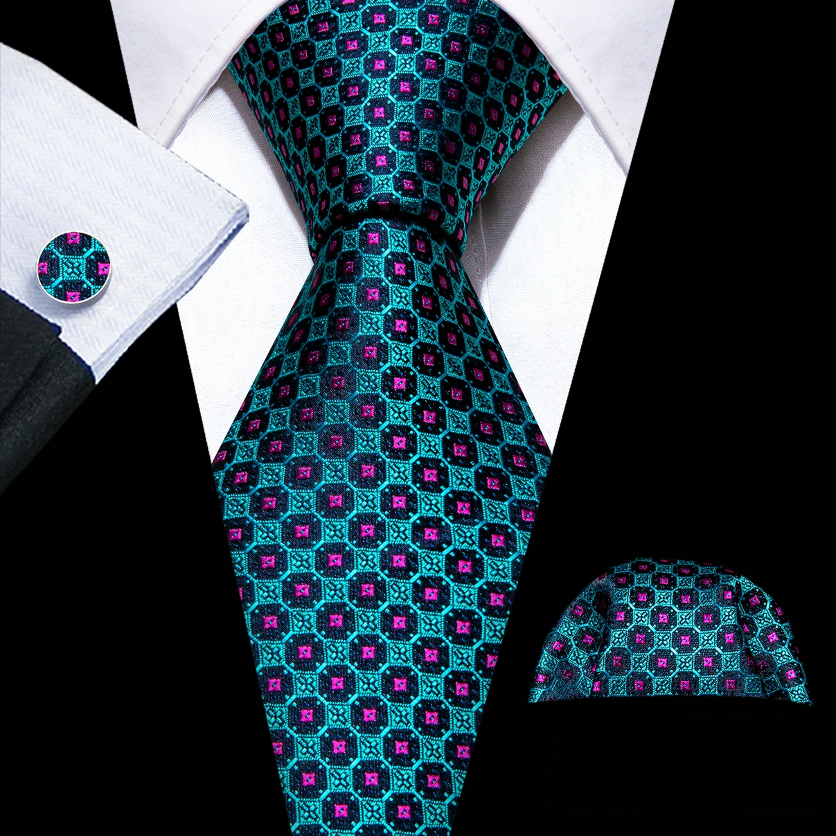 Novelty Teal Dots Tie For Men Fashion Trend Neck-Tie Woven Pocket Square Cufflinks Set Party Business Designer Barry.Wang FA-635