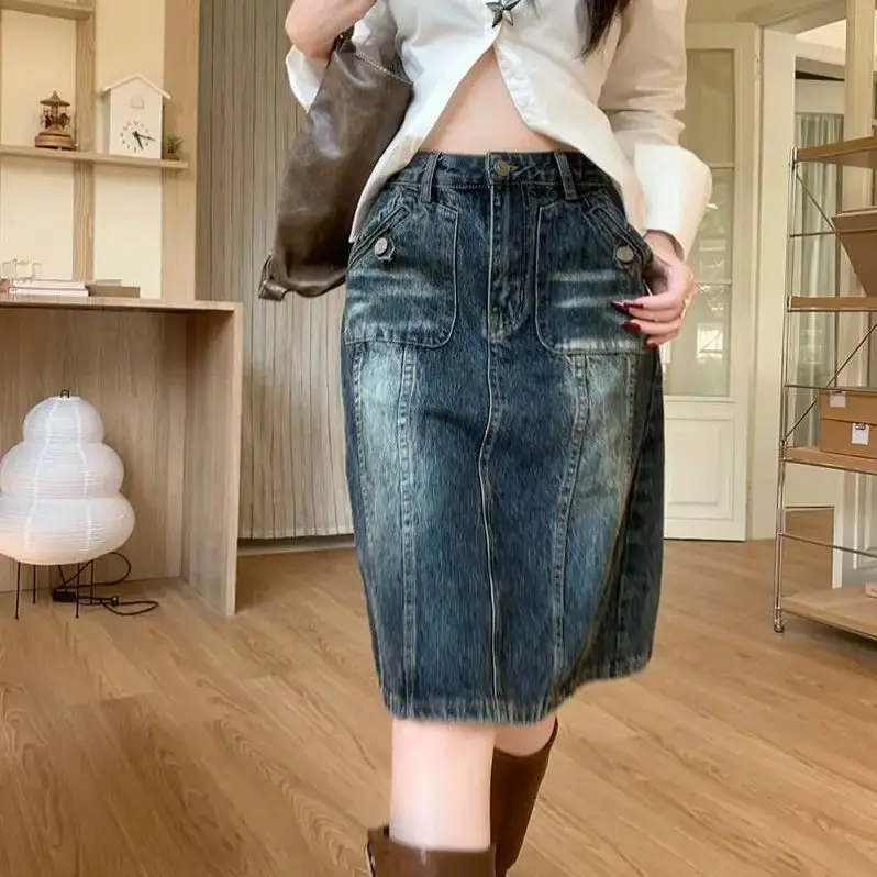 

American Retro A-Line Skirt Washed Distressed Blue Denim Skirt Women 2025 Spring Niche Chic Mid-Length Skirt