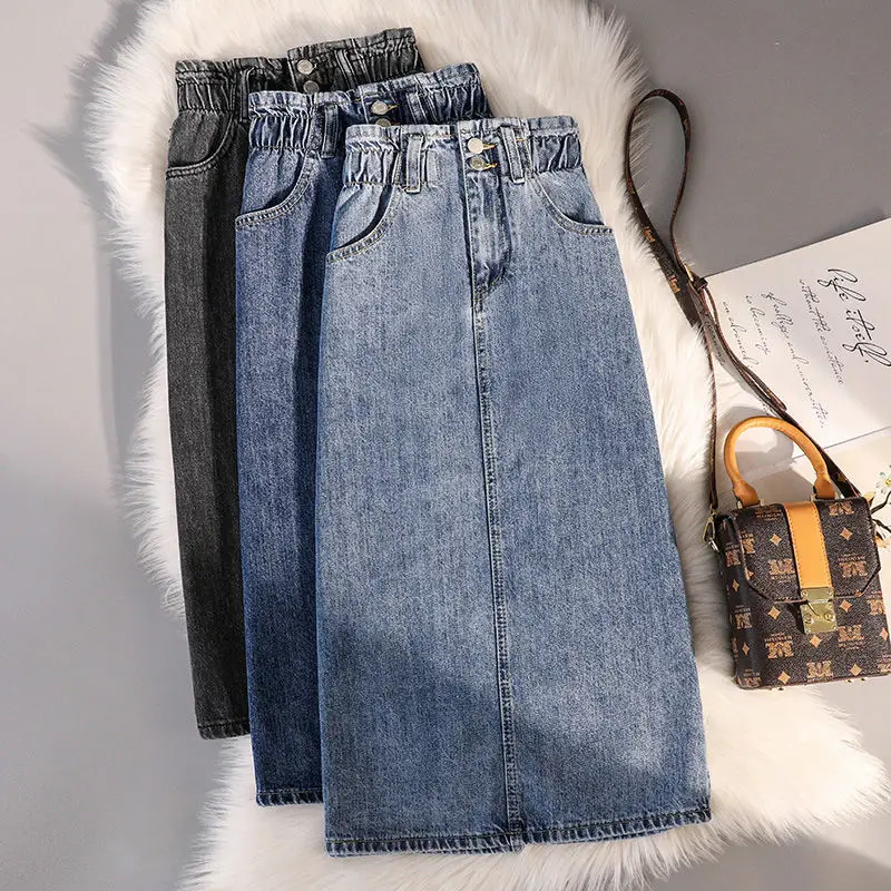 

Female Solid Button Pocket Denim Skirts Summer Casual Style Vintage Slim Elegant Skirts Ladies Elastic Waist Fashion Skirts Q379