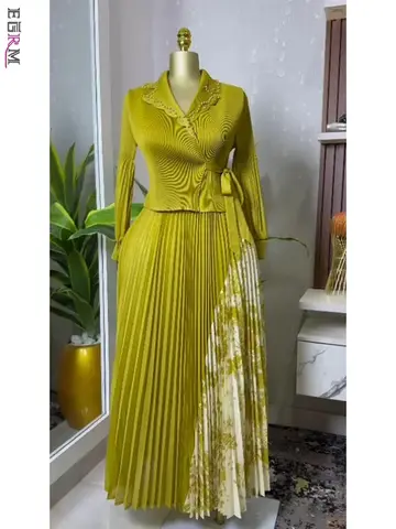 EGRM 2025 봄 새로운 Pleated a 라인 드레스 우아한 정장 칼라 중반 긴 스타일 허리 Cinching 슬리밍 여성 폴드 스커트 6G5972
