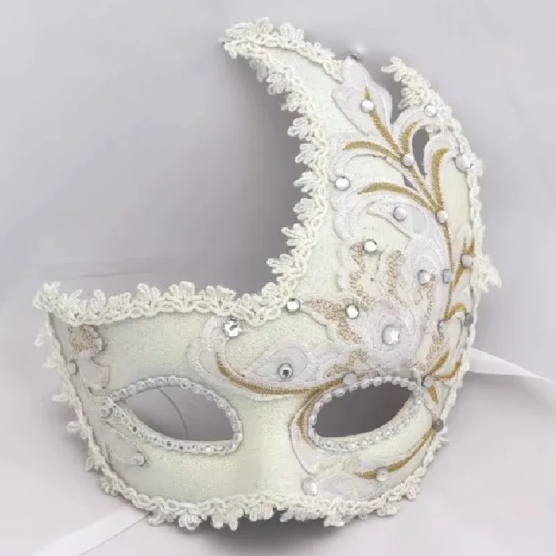 

Elegant Venice Masquerade Party Masks ,Male And Female Plumage And Flower Princess Mask, Lace Full Face White Gold Mask