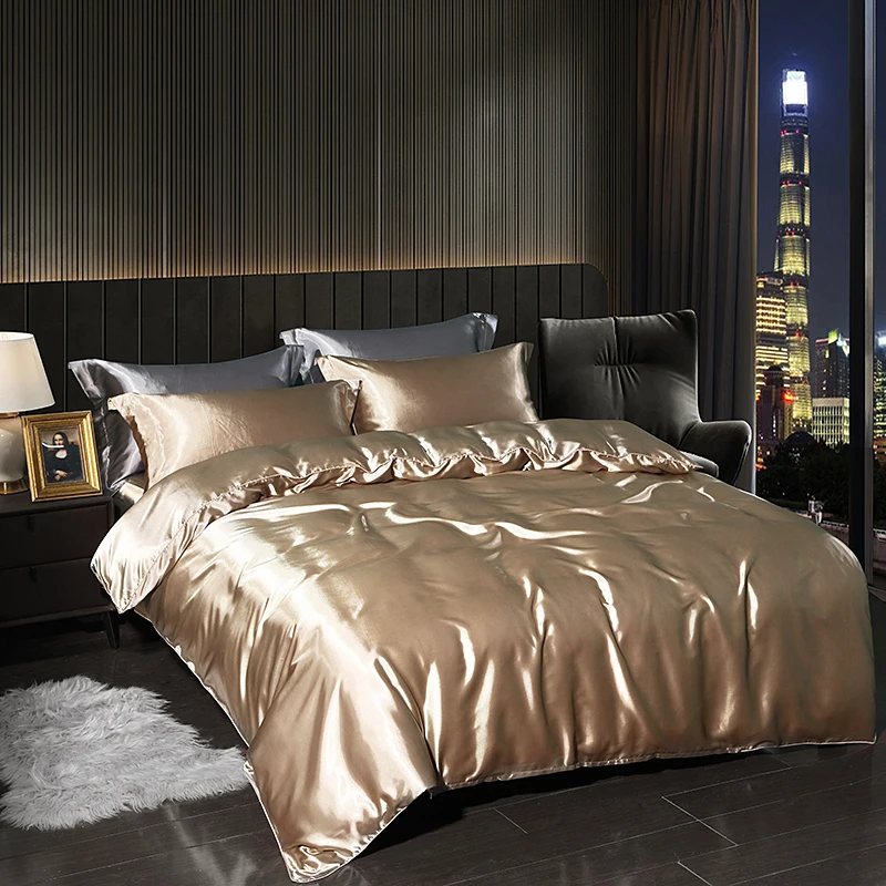 Luxury Satin  Bedding Set With Flat Sheet Duvet Cover High End Bedding Set  High Density Satin  Solid Color Bedding