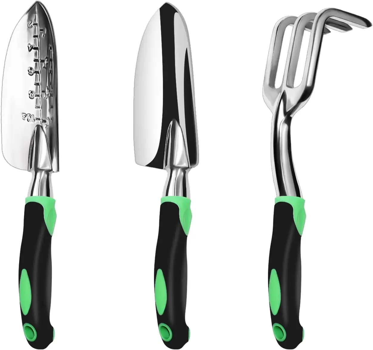 

Garden Tool Set, 3 Pack Aluminum Heavy Duty Gardening Kit Includes Hand Trowel, Transplant Trowel and Cultivator Hand Rake with Soft Rubberized Non-Slip Ergonomic Handle, Garden Gifts