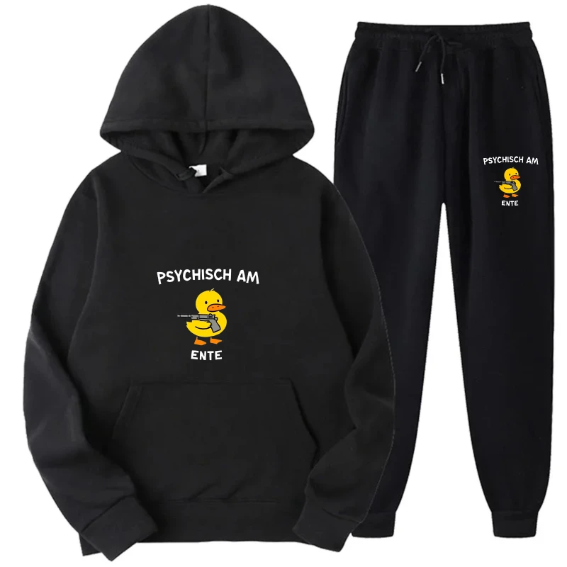 مجموعة هوديي سوداء مخدرة بطة طباعة Psychisch Am Ende ملابس رياضية كاجوال للرجال والنساء ملابس ترفيهية في الهواء الطلق