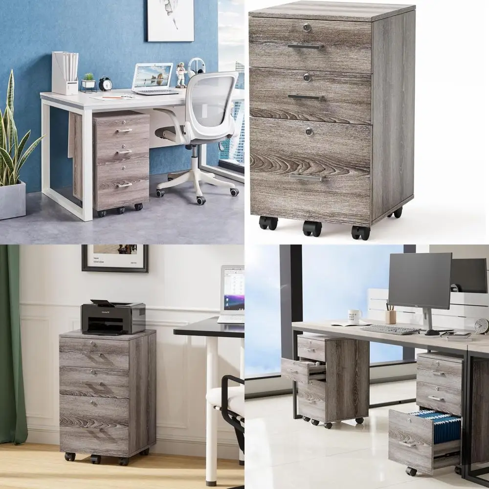 

Мобильный деревянный шкаф для документов из серого дуба с 3 выдвижными ящиками и замком, 26 дюймов, на колесиках, для хранения документов формата Letter, для домашнего офиса