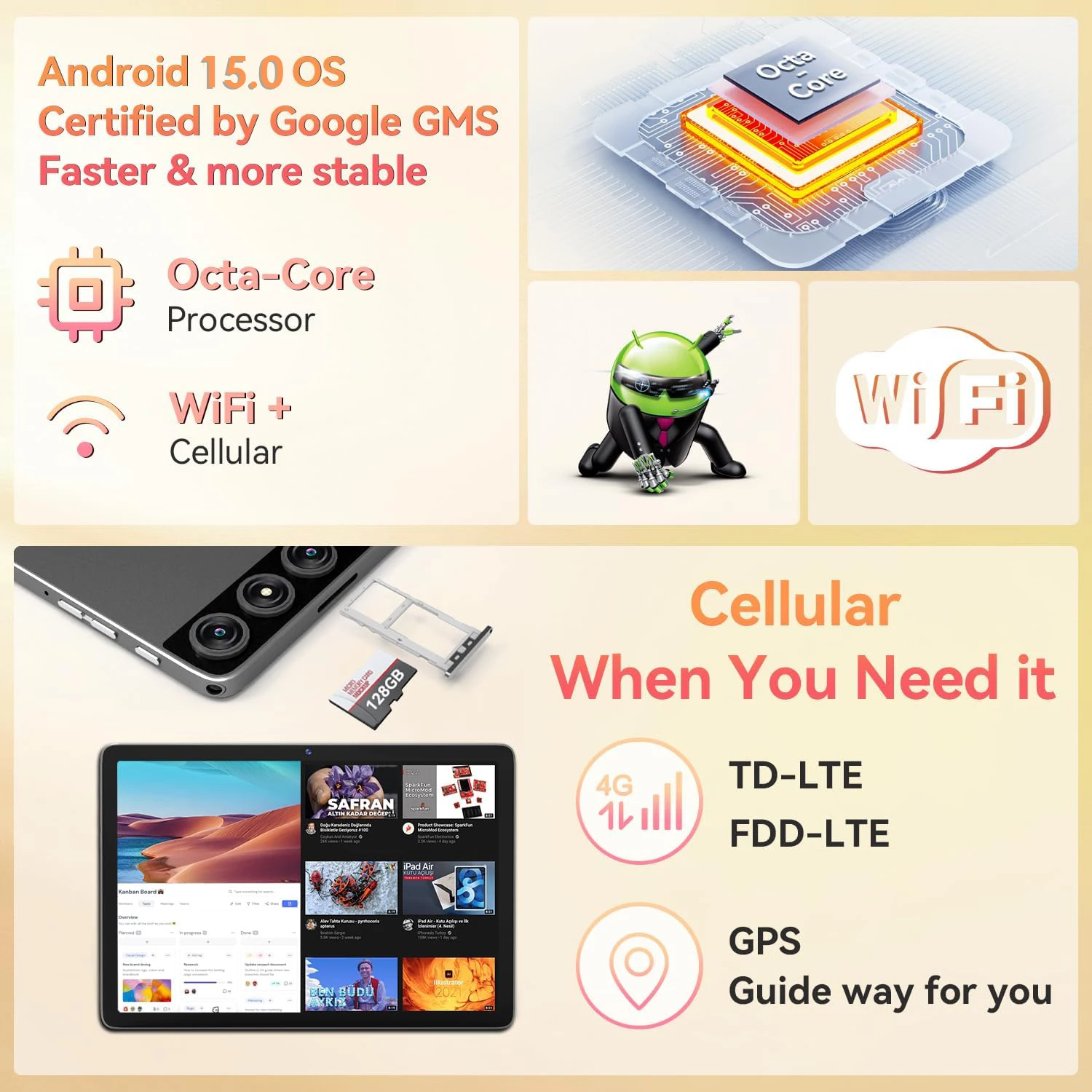 14" Tablets PC A140 Global Version Octa Core 20GB RAM 512GB ROM 4G LTE Dual SIM 5G Dual WiFi GPS Tablet PC 13800mAh Android 15