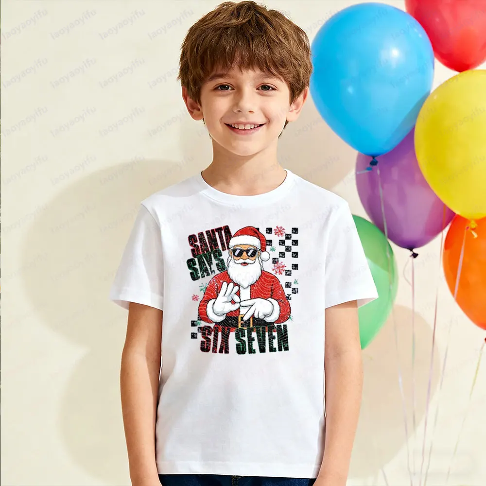 Santa and Number 67 Trendy Style Shirt Festive Kids Tee Holiday Spirit T-Shirt Cute Boys and Girls Funny Christmas Casual Tops