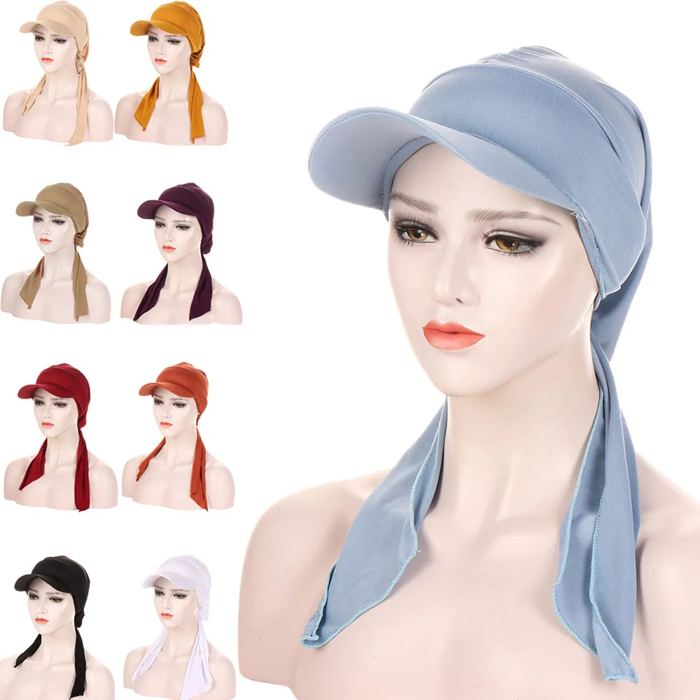 

Women Wind Band Brim Cap Sun Visor Pre-Tied Turban Chemo Cap Headwrap Hijab Muslim Bonnet Bandana Hat Headband Beanies Headscarf