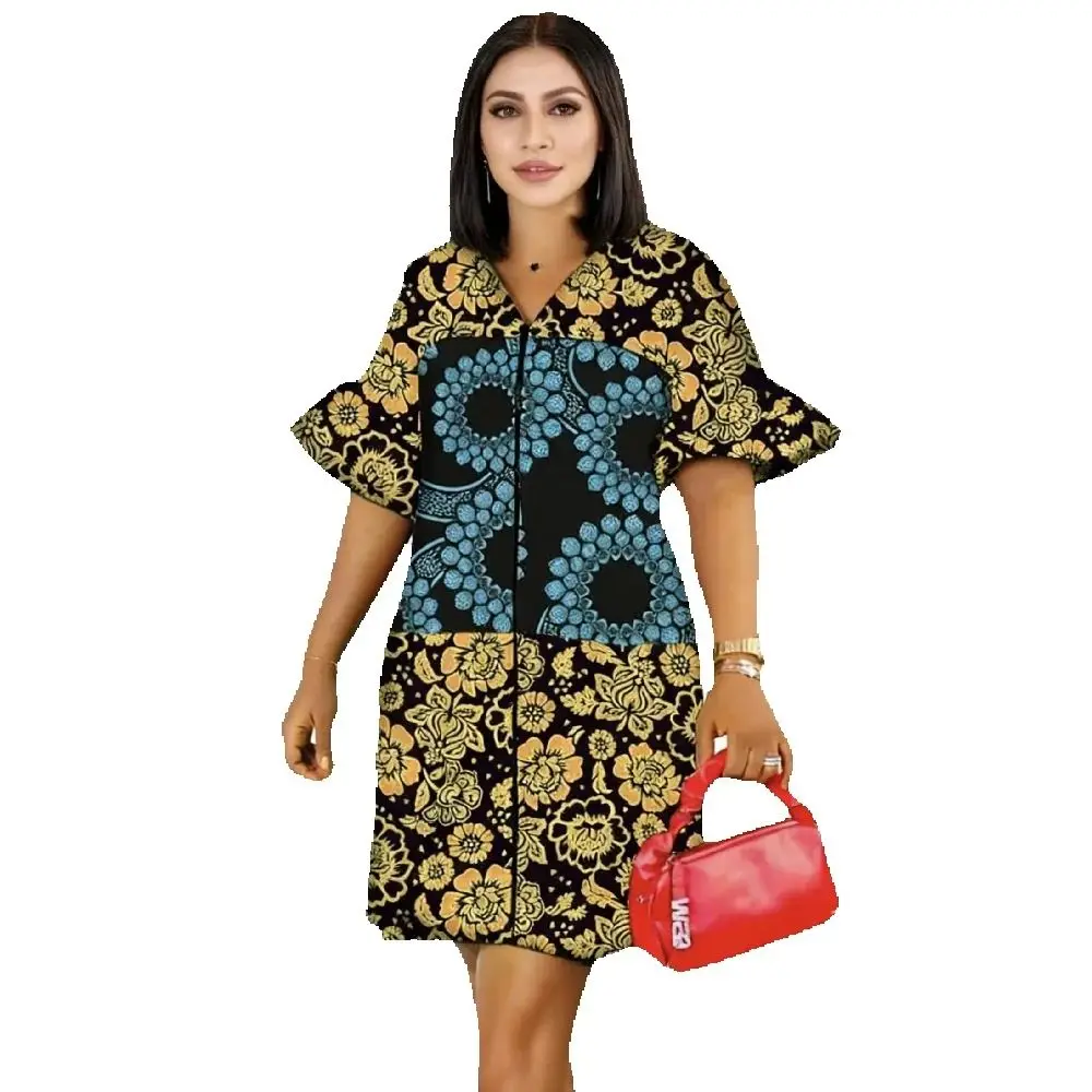 

Элегантное платье с v-образным вырезом и принтом в стиле пэчворк, африканская мода, на молнии, вечерние наряды с рукавами-пагодой, женский наряд Анкары