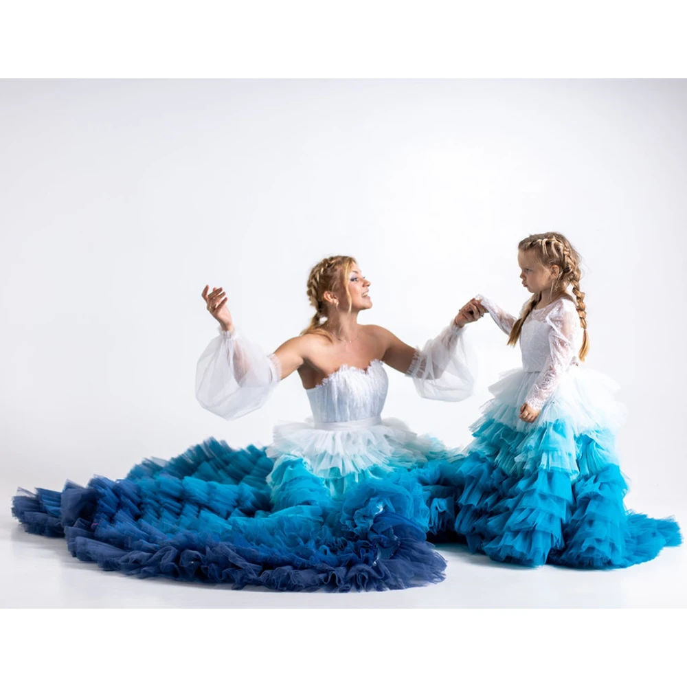 

Синее свадебное платье с эффектом омбре, Haute Couture, платья «Мама и я», многоуровневое одинаковое кружевное и тюлевое вечернее платье для мамы и дочки
