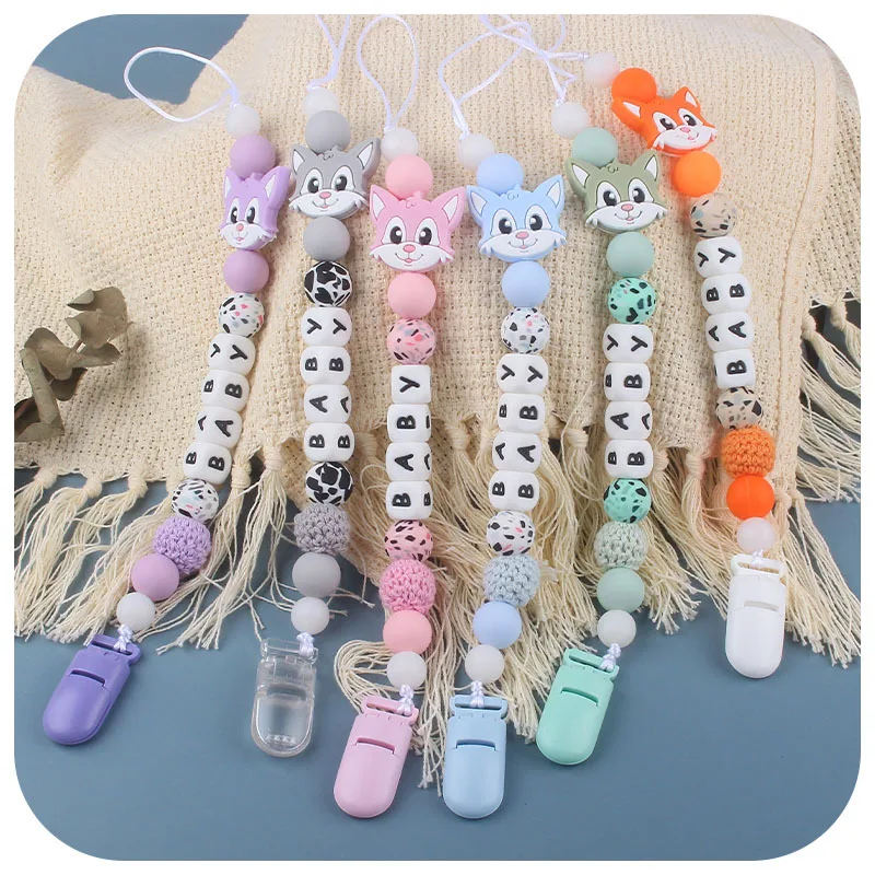 INS Baby Pacifier Clips Personalized Name Candy Color Silicone Cute Cat Dummy Nipples Holder Clip Chain Teething Toy Accessories