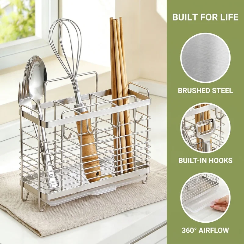 Chopsticks, spoons, and cutlery storage rack made of stainless steel, with a drainage feature, for home kitchen wall-mounted or