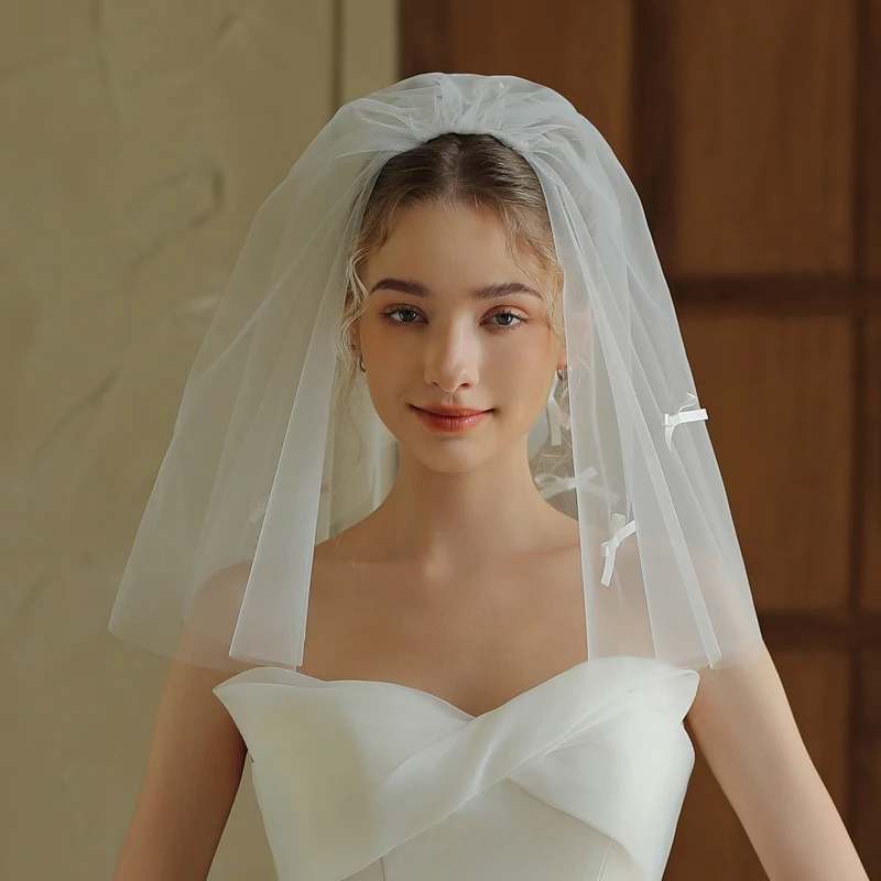 

V371 wholesale double-layer short bow bride wedding small veil registration proposal photo shoot hairpin style