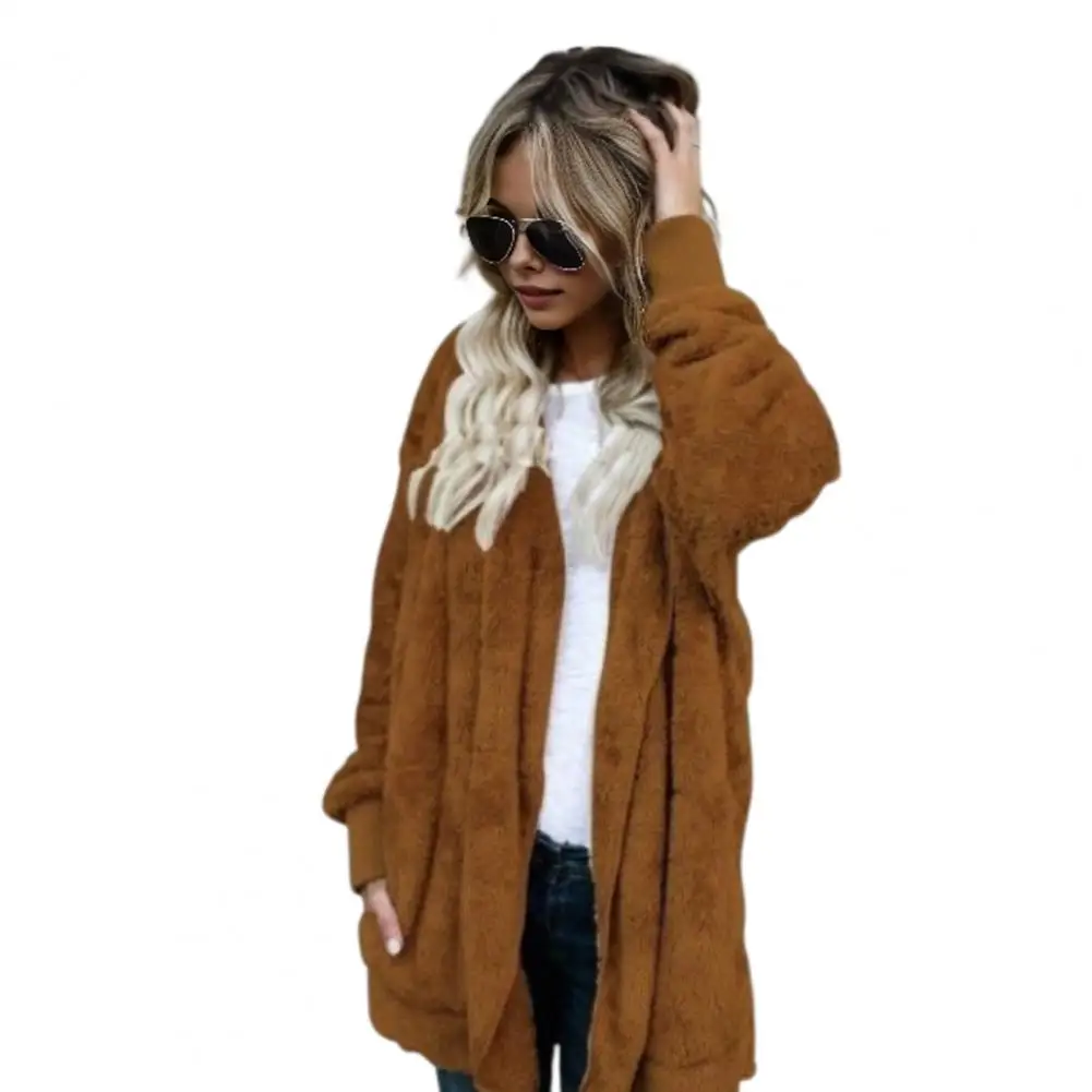 

Autumn Winter Women Jacket Double-sided Wear Thick Fleece Hooded Pockets Mid Length Warm Long Jacket Coat