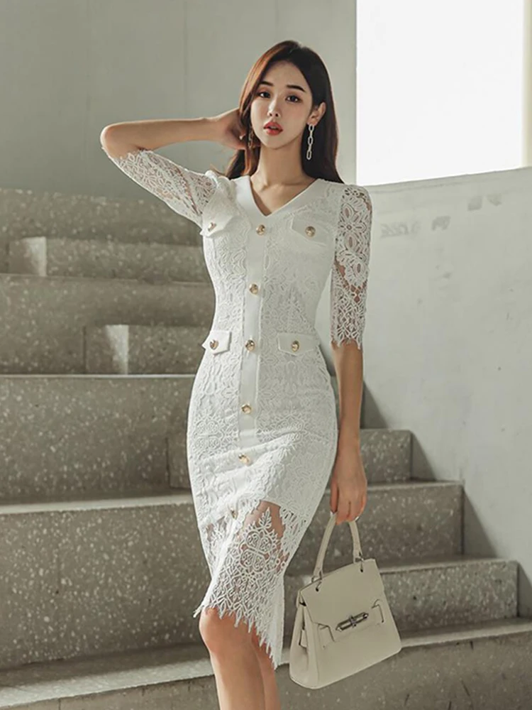 New Vintage Ladies Lace Long Dress Mujer Women Elegant See Through Puff Sleeve Wrap Hip Midi Robe Femme Vestidos Street Clothes