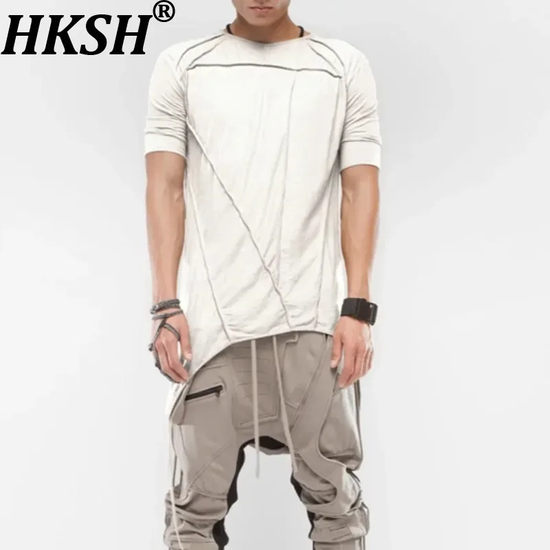 

HKSH Men's Tide Punk Independent Waste Land Retro Asymmetric Bottoming Ribbon Tie Dye T-shirt Fashion Garde Avant Tees HK0771