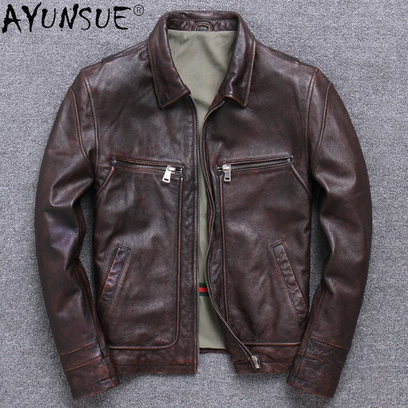 AYUNSUE Genuine Leather Jacket Men Vintage Natural Cowskin Coat Spring Autumn Mens Leather Motorcycle Jackets Chaquetas Hombre