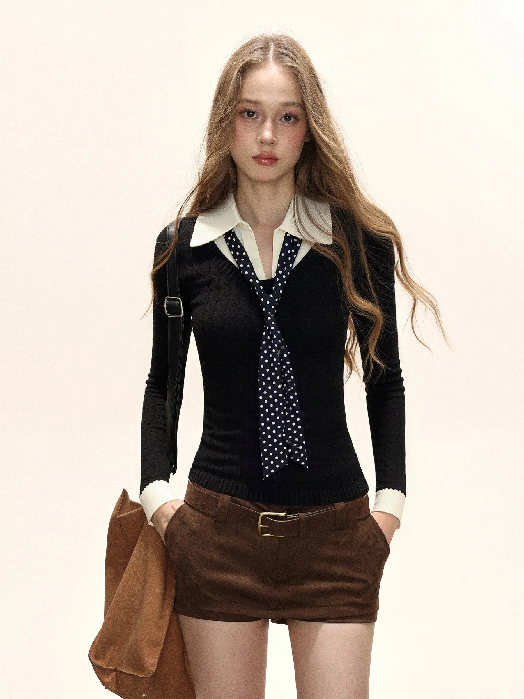 Vintage Patchwork Sweater Women Streetwear Cropped Tie Black Knitted Pullovers Korean Red Knitwears Winter Slim Jumpers