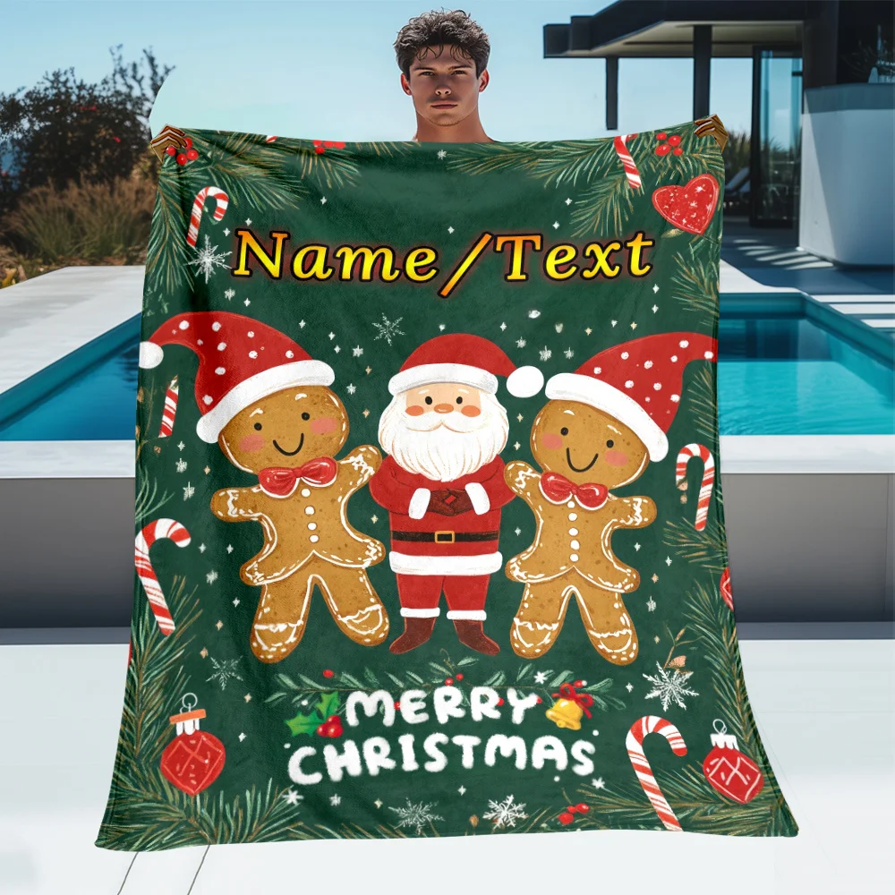 Personalized Santa Claus Christmas Blanket – Soft Flannel Throw with Gingerbread Men & Festive Holiday Designs, Lightweight & Wa