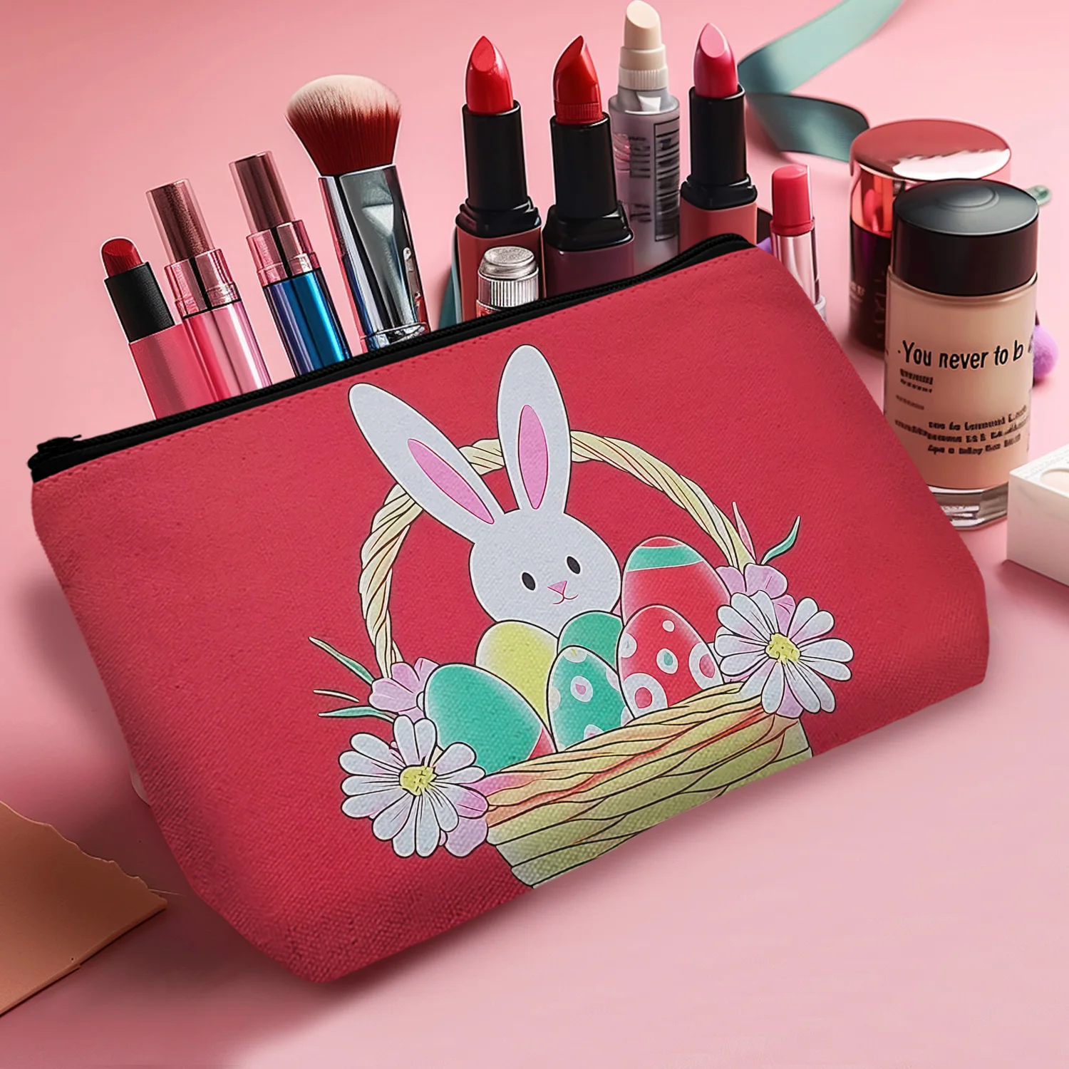 1Pc Happy Easter Eggs Cute Rabbit In Basket With Red Background Cosmetic Bags For Women Outdoor Travel Storage 8.66X5.51Inch