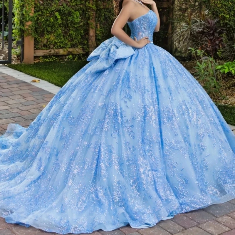 

Customized Shinny Sky Blue 15 16 Quinceanera Dresses 2025 Puffy Skirt Bow Sweep Train Women Prom Party Dress Vestido De xv Anos