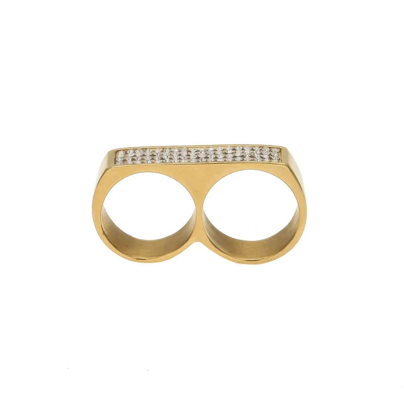 TUES Original Designer Stainless Steel Two Finger Ring Iced Out Hip Hop Polish Ring for Men Fashion Jewelry Birthday Gift 2024