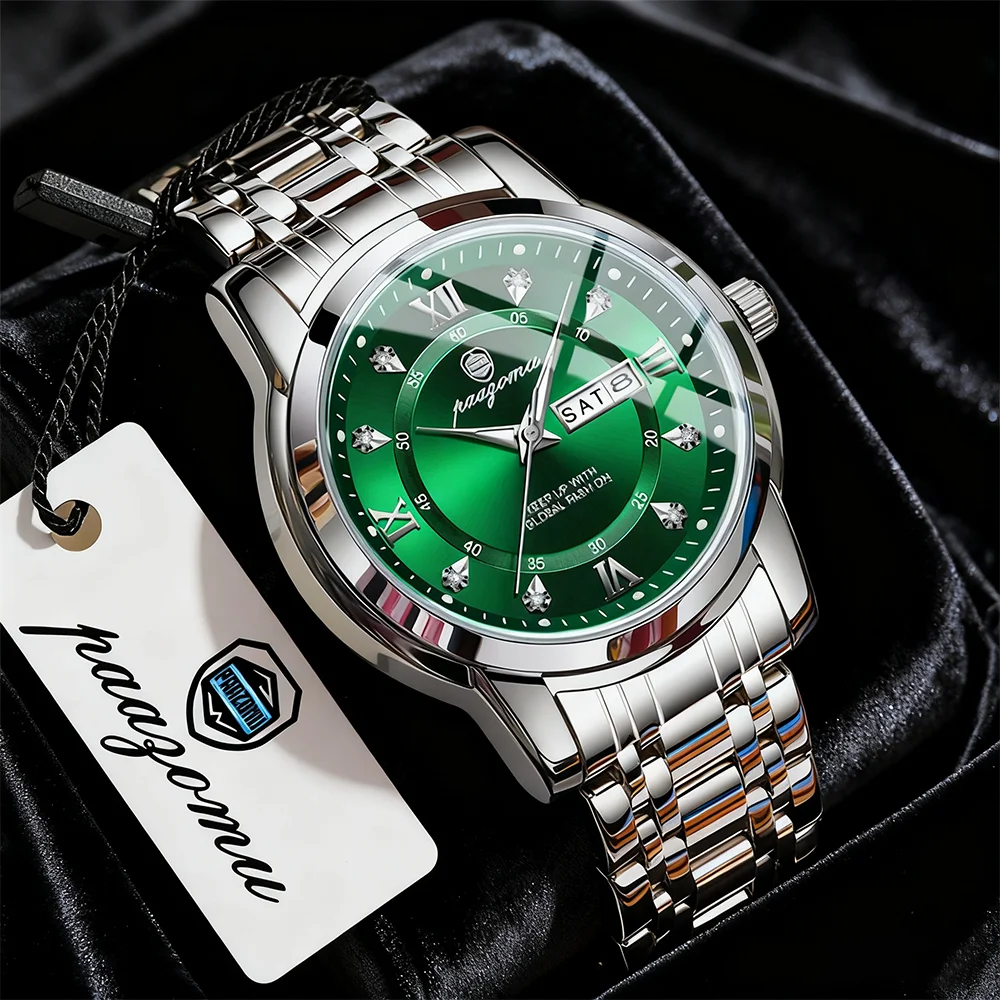 PAAZOMU رجل الأعمال ساعة اليد تاريخ كرونوغراف مقاوم للماء مضيئة ساعة رجالية فاخرة الفولاذ المقاوم للصدأ كوارتز ساعات رجالية ذكر