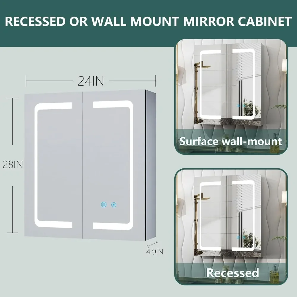 Lighted Cabinet with Mirror & Automatic Inner Light, Electrical Outlet/USB/Anti-Fog/3 Colors Light, Bathroom Cabinet