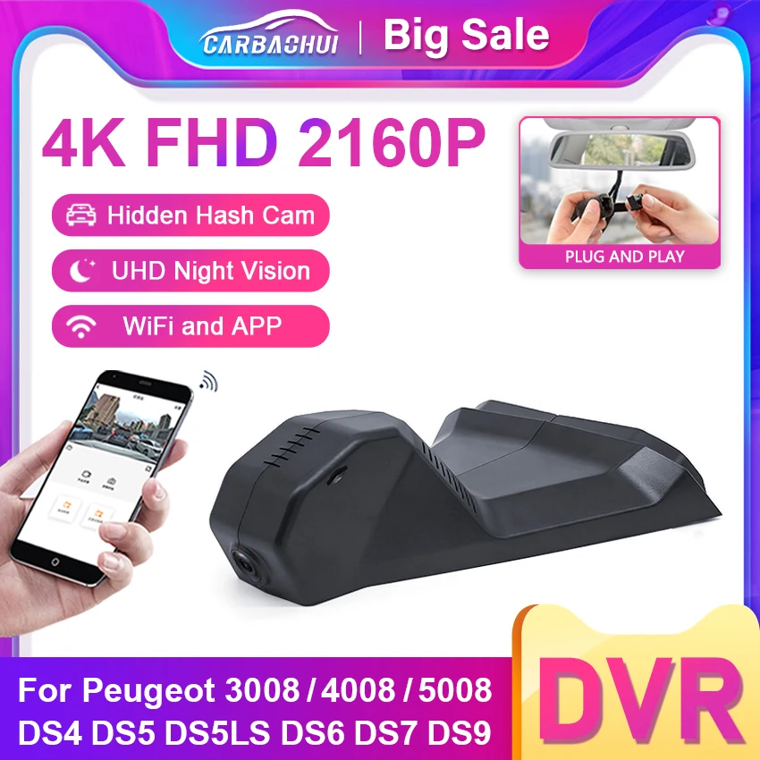 Video Recorder Camera UHD 4K Dash Cam For Peugeot 3008 4008 5008 DS5 DS5LS DS6 DS7 Citroen C2 C3 C4 C5 C6,Easy Installation