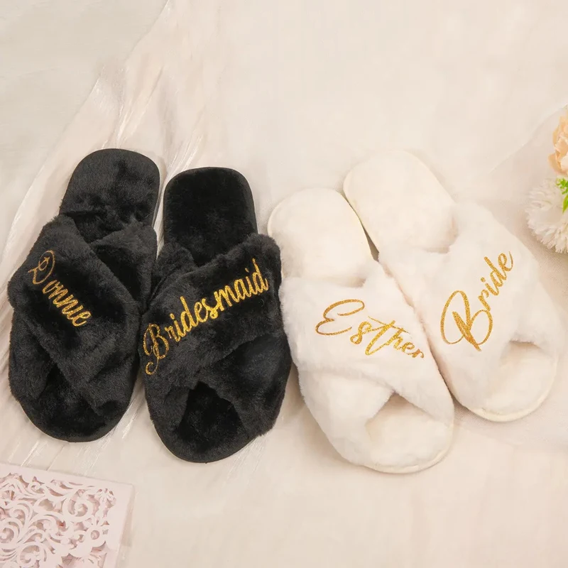 Personalized Bridal Shower Wedding Bachelorette Party Slippers Fuzzy Plush Cross Bridesmaid Fluffy House Spa Slippers For Women