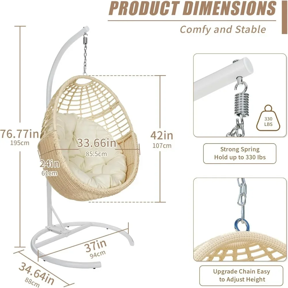 Hanging Egg Chair with Stand, 330lbs Capacity Patio Wicker Egg Swing Chair with UV Resistant Cushion for Bedroom Garden Indoor