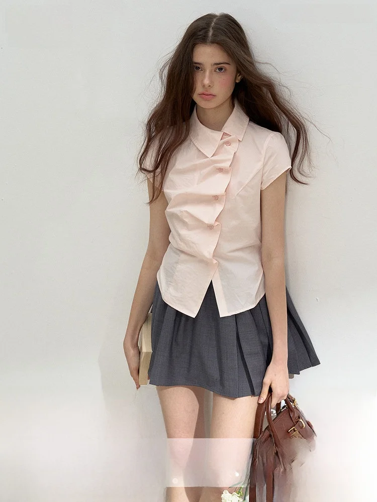 

SunsetPark Spring Pink Ruffle Trim ort Sve irt Women's Slim Fit Cotton Blouse Folded Hem Button Closure UV Protection