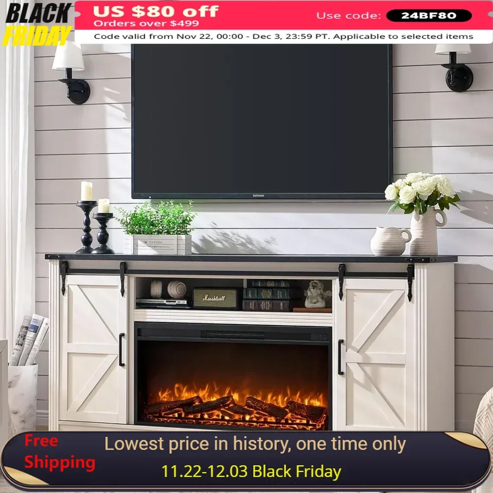 Fireplace TV Stand with Sliding Barn Door & Storage Drawers for 80In TV Center with 36