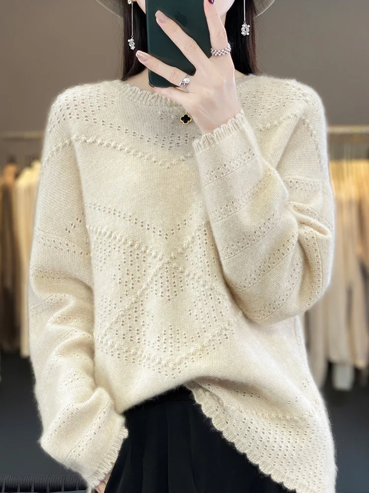 Spring Autumn Women 100% Merino Wool Sweater Long Sleeve Pullover Grace Comfort Knitted Jumper Korean Style Female Clothing